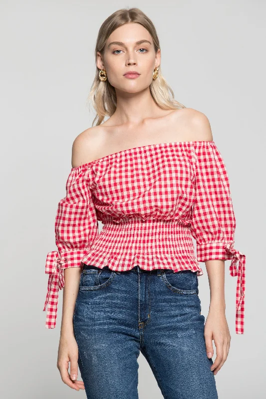 Elevated Casual Discounts Red and White Smocked Waist Gingham Top